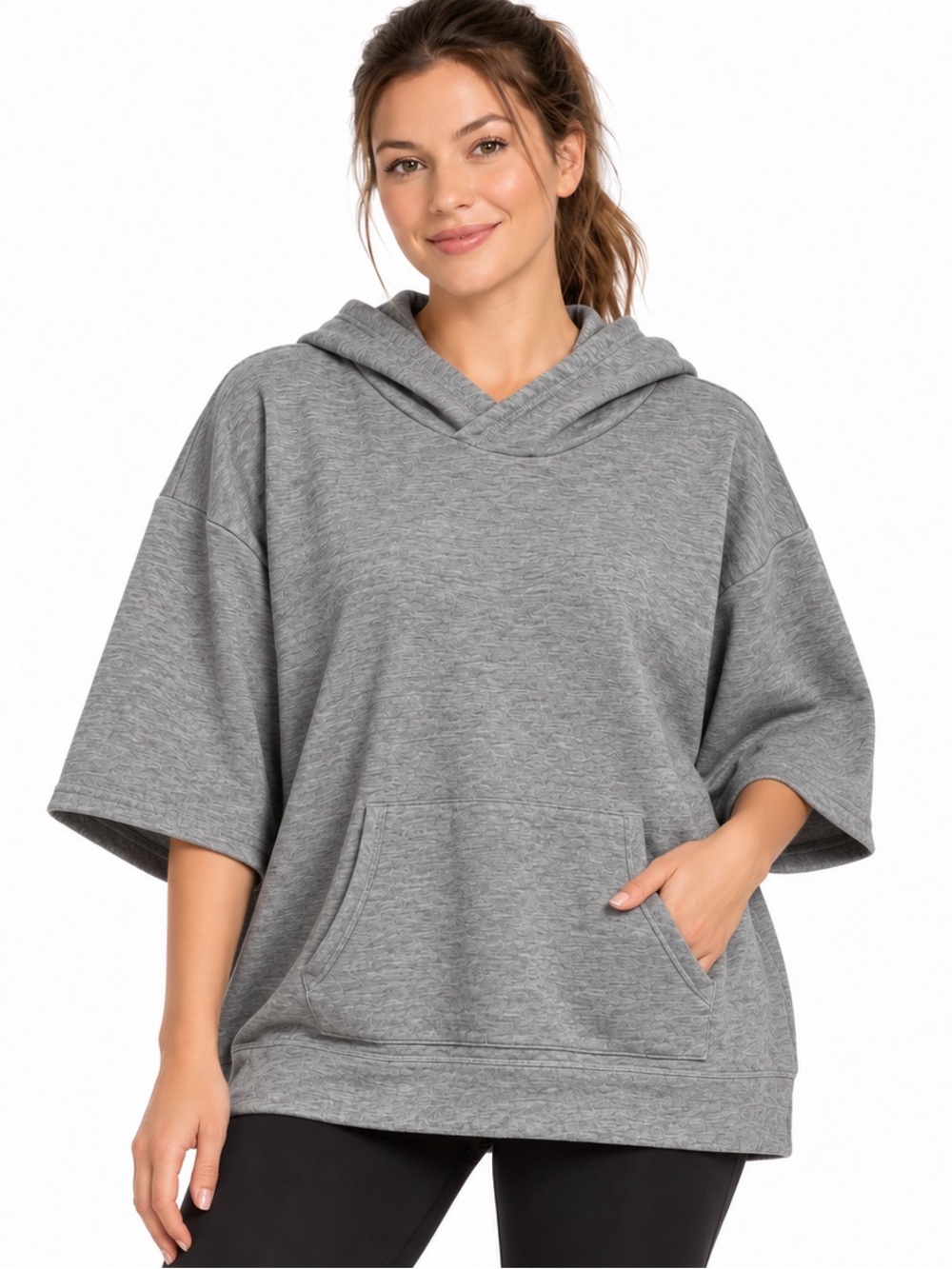 J.Jill FIT Gray Hoodie French Terry Elbow Sleeve Boxy Athleisure Pullover Medium